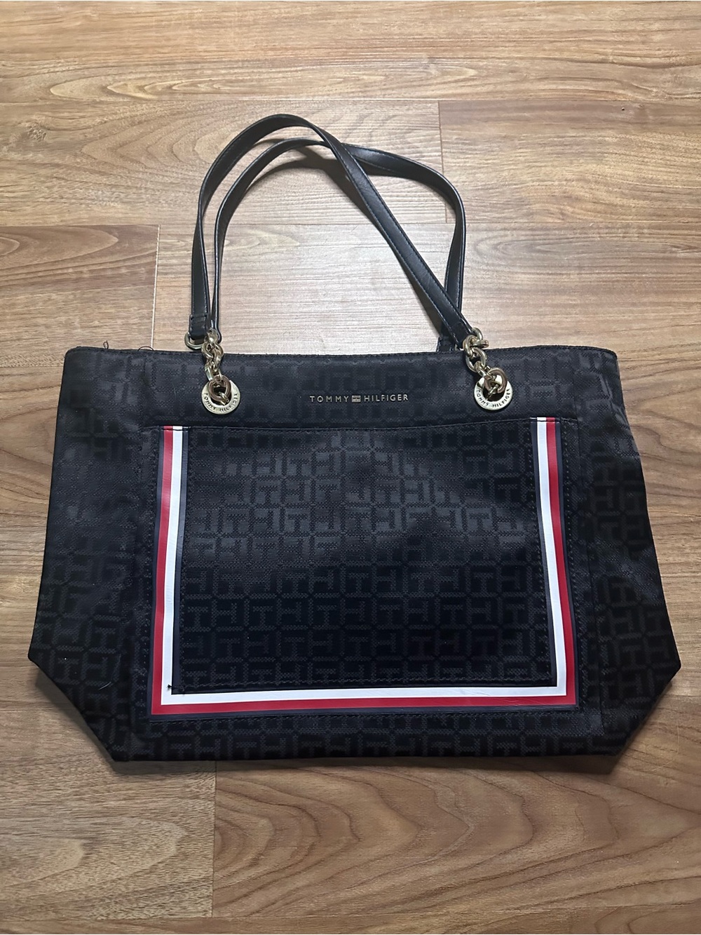 Tommy Hilfiger Black Tote with Red & White Stripe Trim